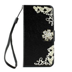 iPhone 5 5S Crystal Flip Leather Wallet Case with Stand Strap (Mini Flower Black)
